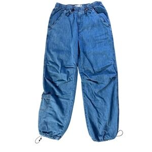 GARAGE Women's Blue Denim Elastic‎ Waist Drawstring Cargo wide leg Pants bungee